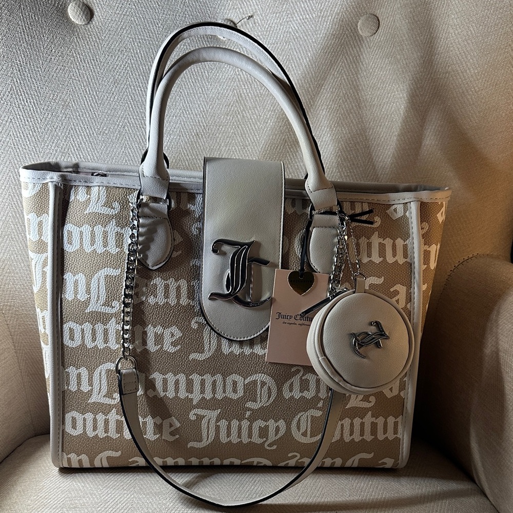 Juicy Couture Beige and White Logo Tote with shoulder straps and top handle